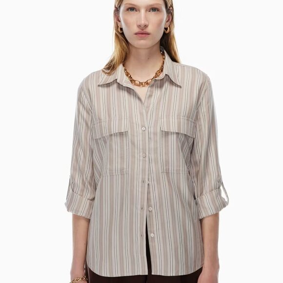 Aritzia Babaton Utility Shirt- Neutral Stripe Button Down Shirt- Small - Picture 1 of 14